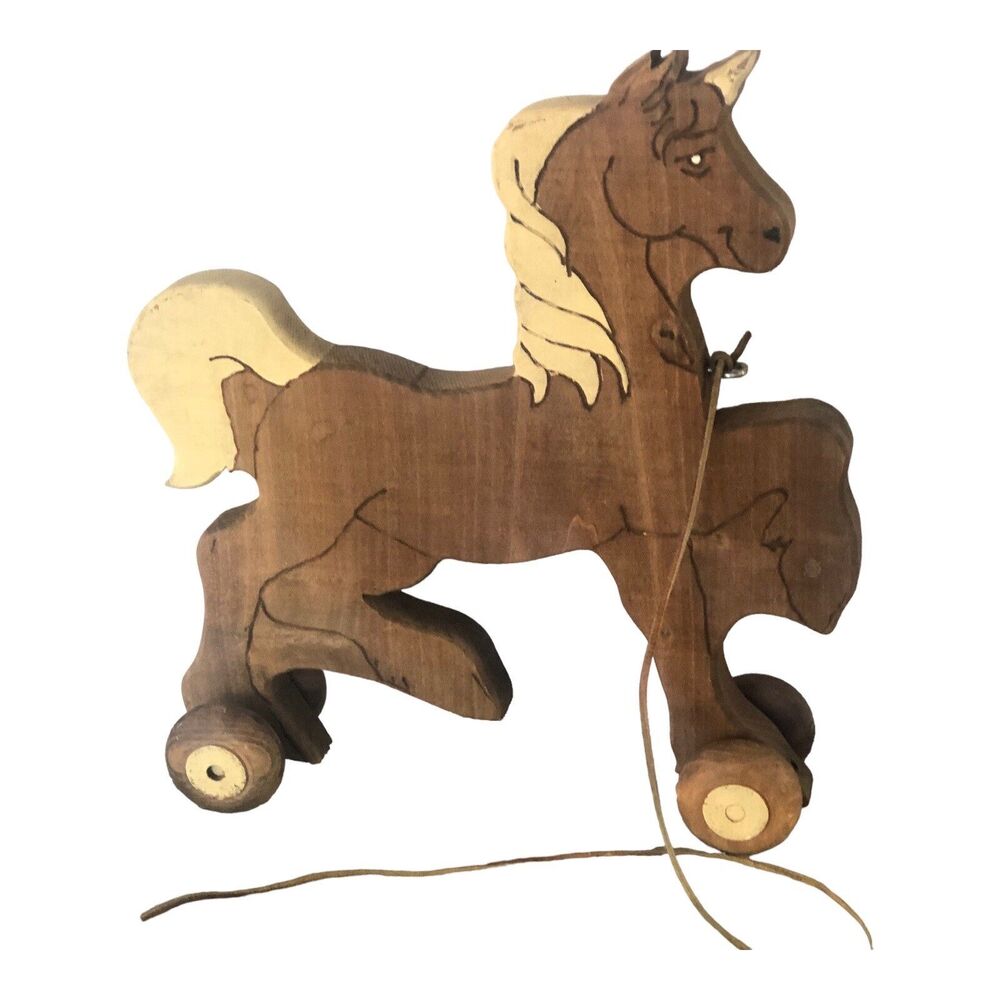 Vitange Wooden Hand Crafted Pull Along Horse Sz 14x16 Hand Painted Legs Move - Picture 8 of 16